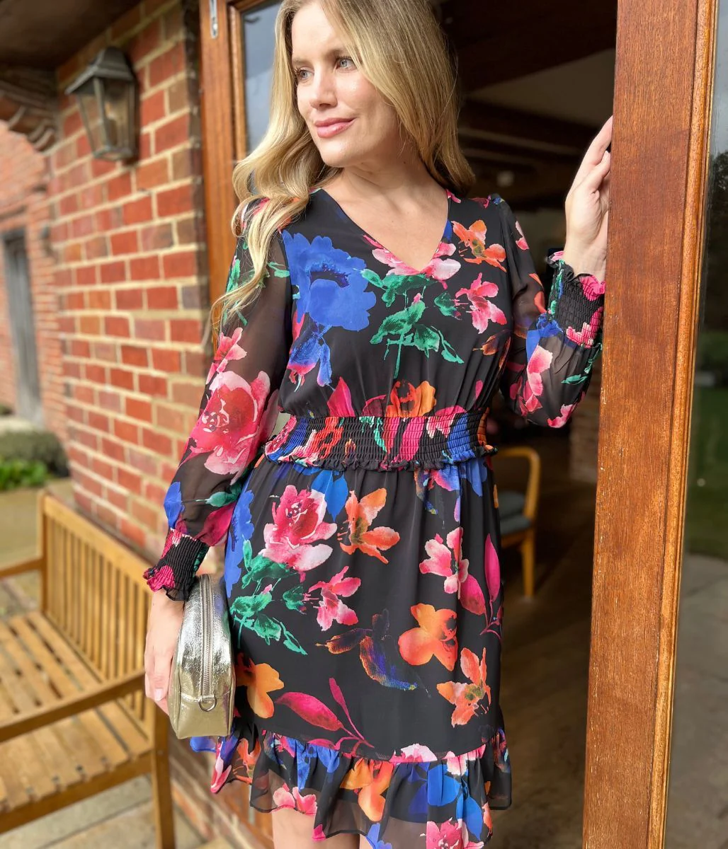 Black Floral Chiffon Layered Dress - Image 9