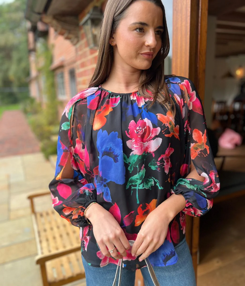 Black Floral Chiffon Layered Top - Image 2