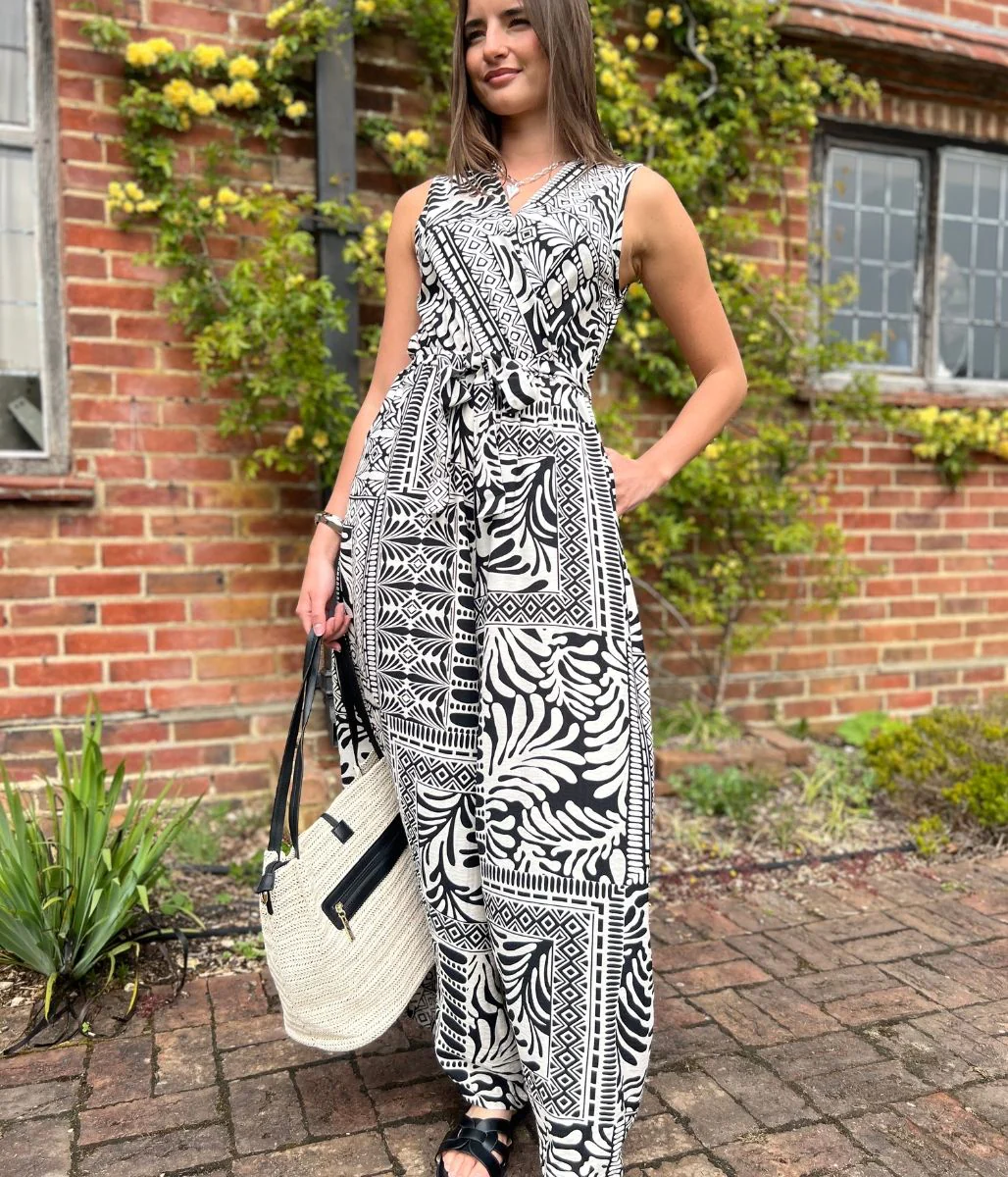 Black Geo Print Belted Jumpsuit - Image 6