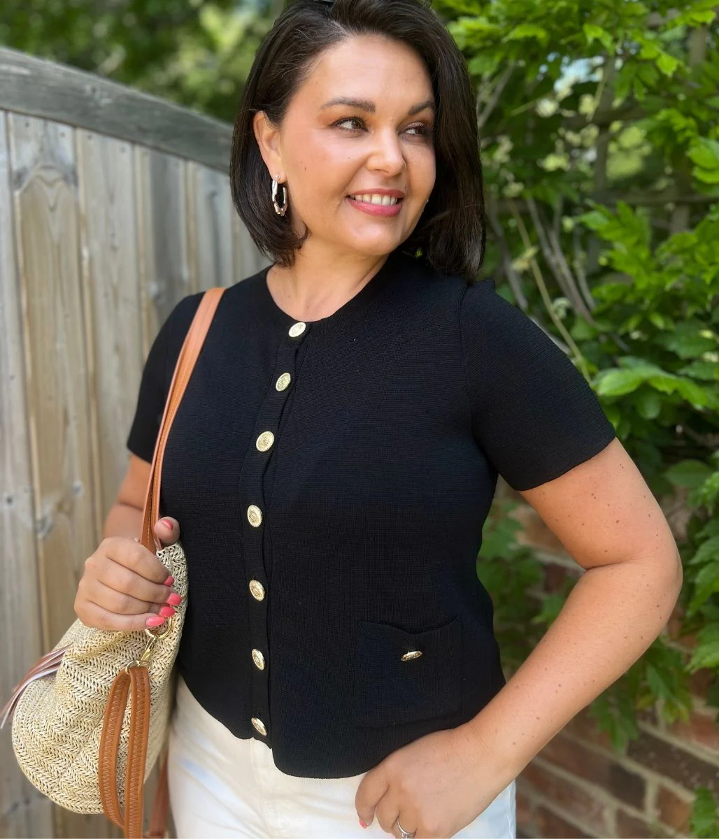 Black Gold Button Short Sleeve Cardigan - Image 6