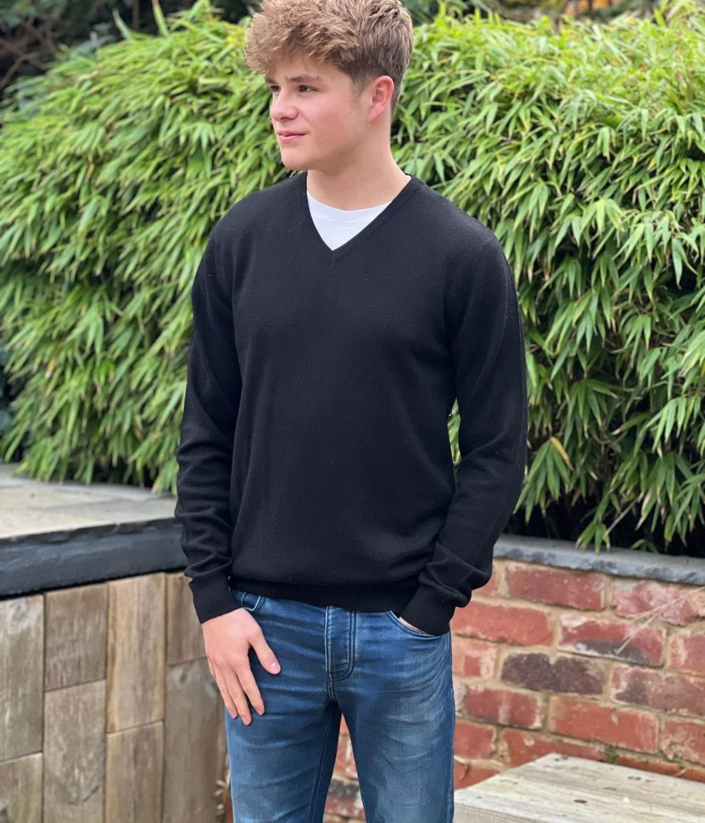 Men's Black Wool Rich V Neck Jumper - Image 2