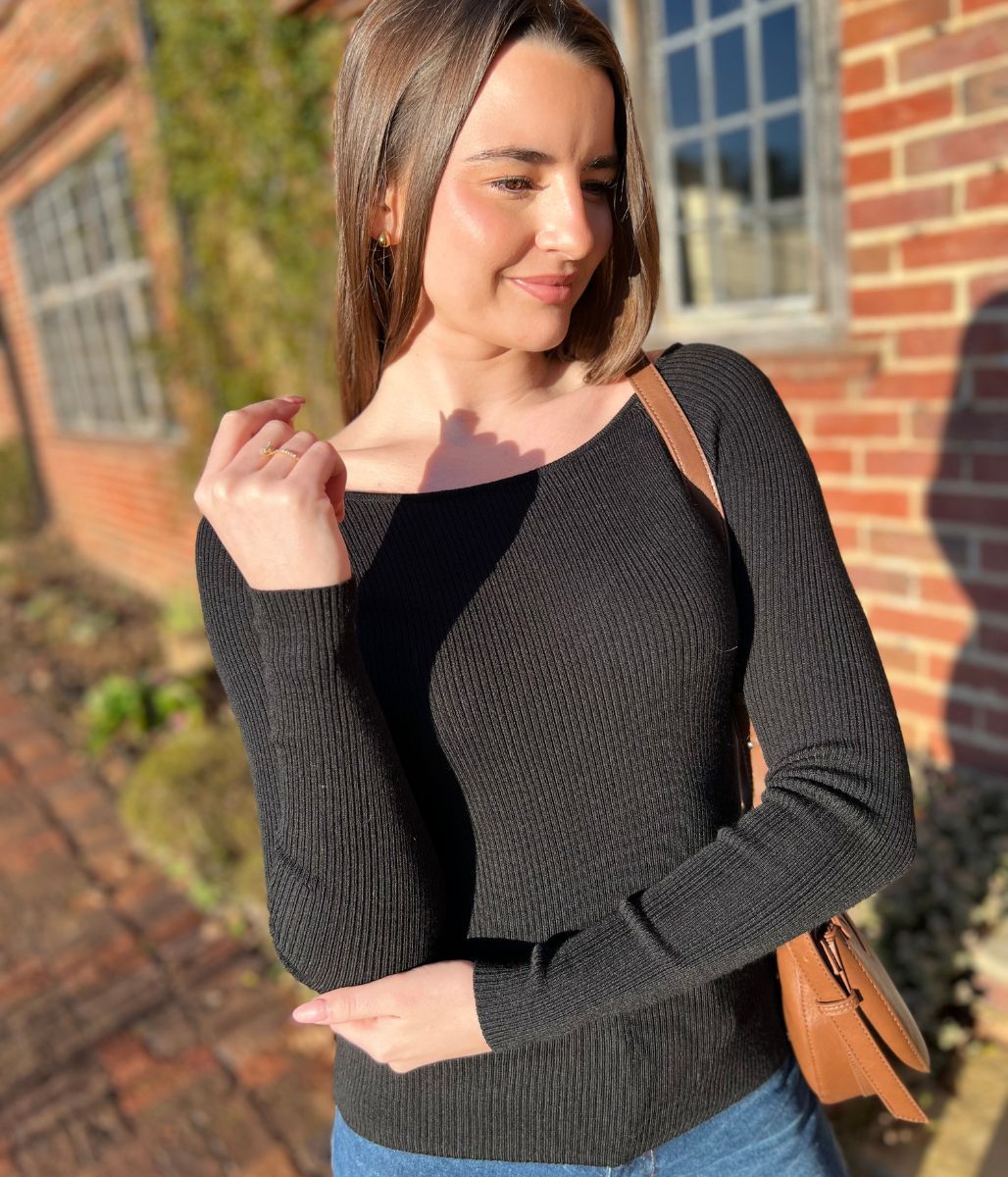 Black Merino Wool Ribbed Boatneck Jumper - Image 5