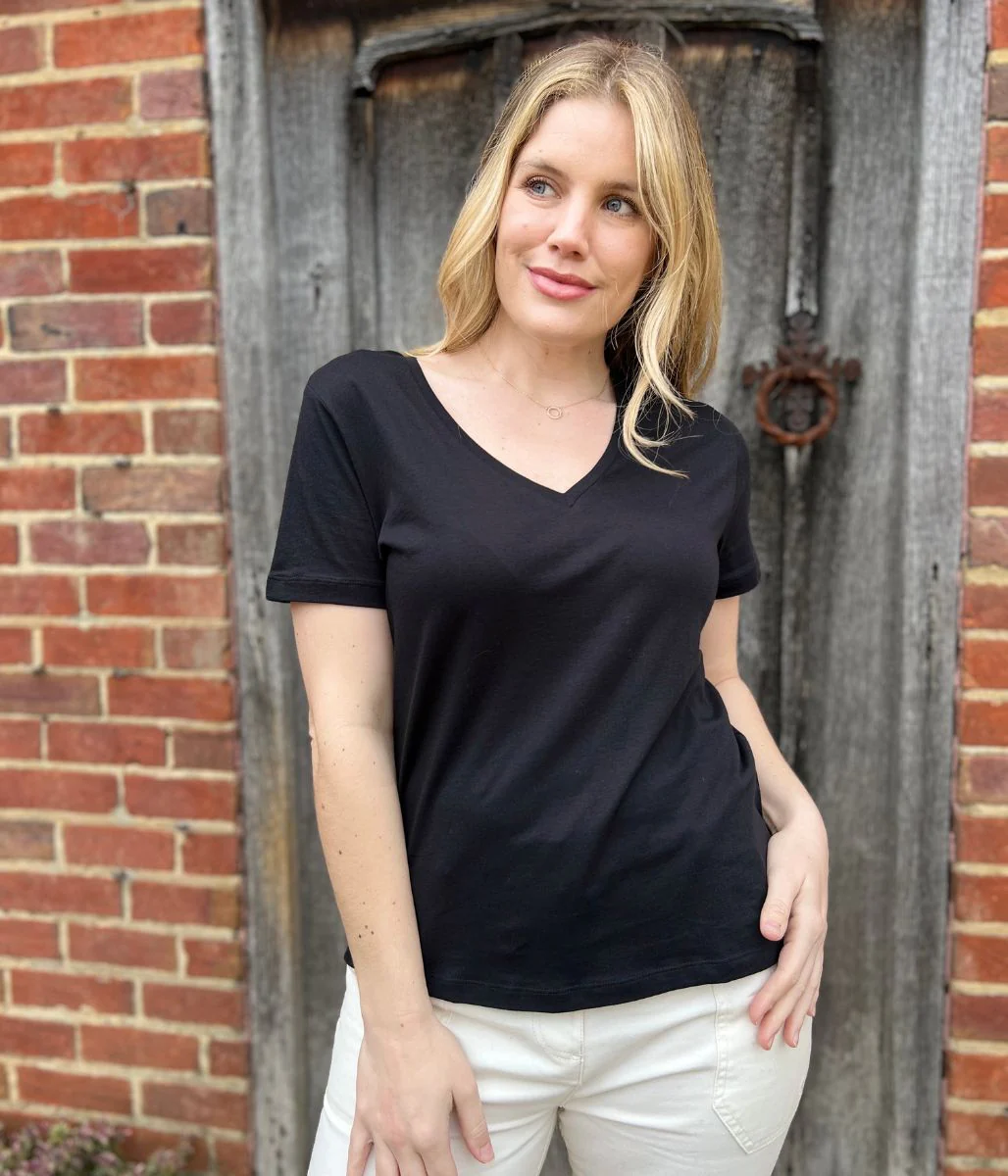Black Pure Cotton V Neck T Shirt - Image 2