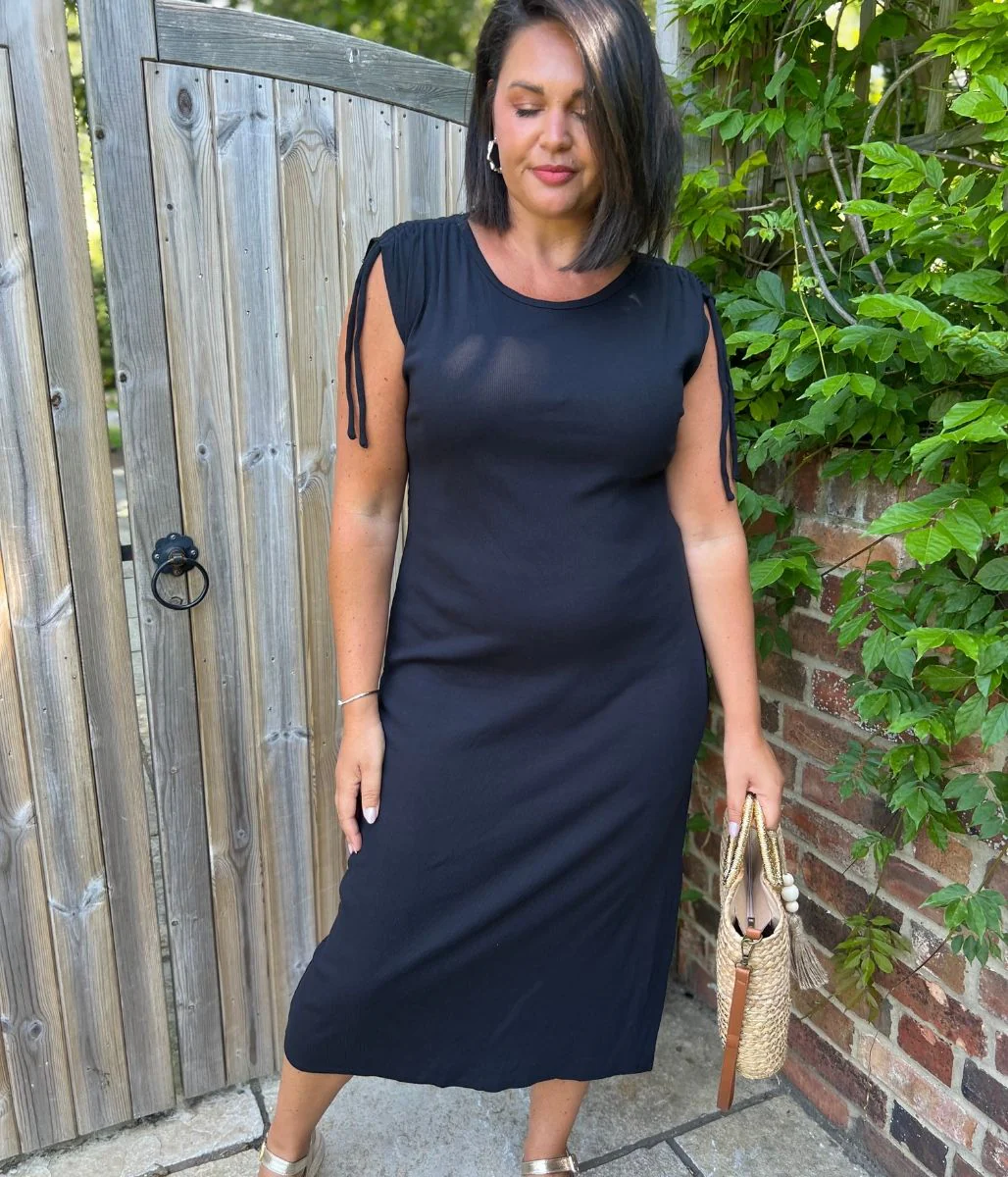 Black Ribbed Tie Shoulder Midi Dress - Image 4