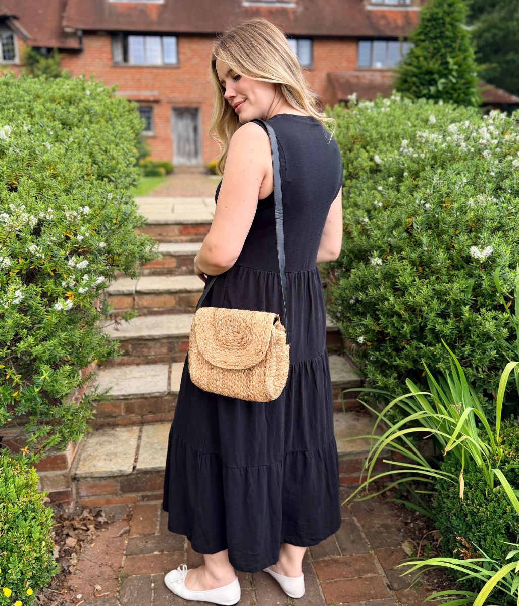 Black Sleeveless Cotton Slub Jersey Tiered Midi Dress - Image 5