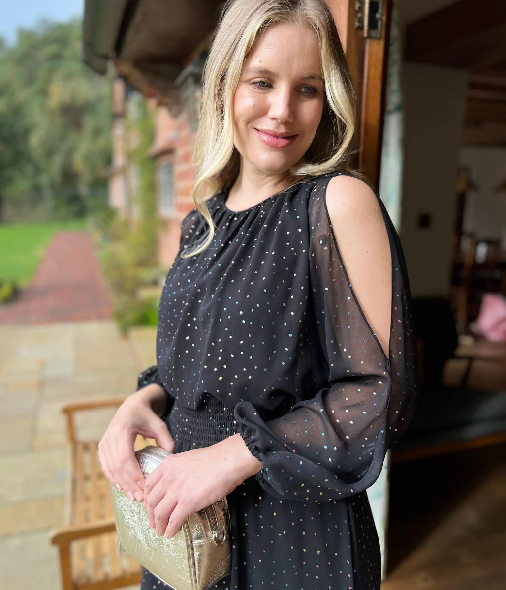 Black Sparkle Chiffon Split Sleeve Midi Dress - Image 3