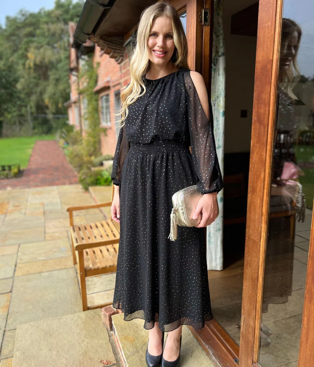 Black Sparkle Chiffon Split Sleeve Midi Dress - Image 4