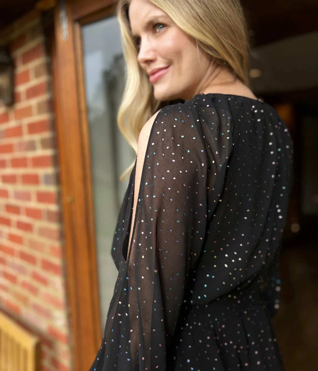 Black Sparkle Chiffon Split Sleeve Midi Dress - Image 5
