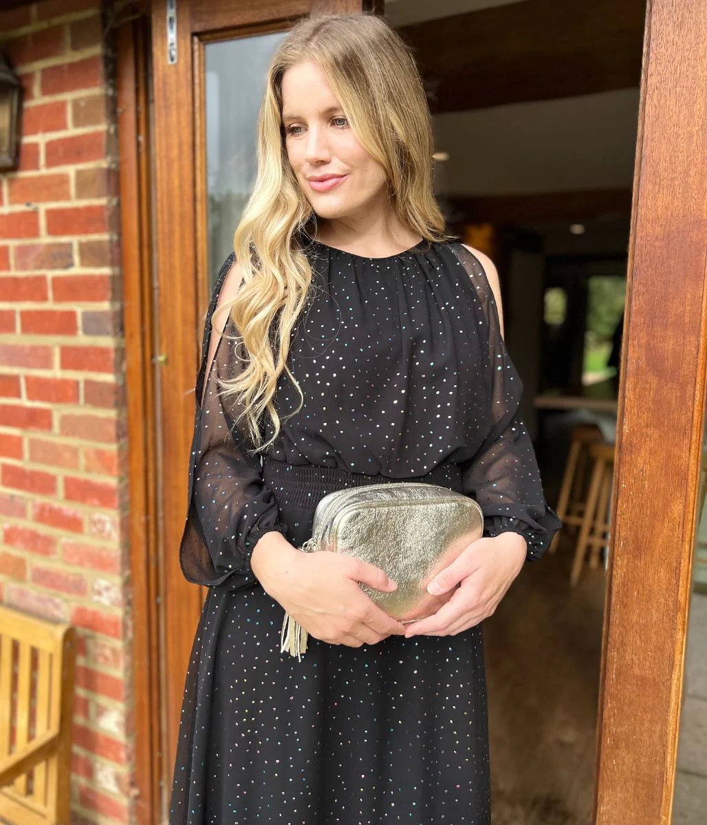 Black Sparkle Chiffon Split Sleeve Midi Dress - Image 6