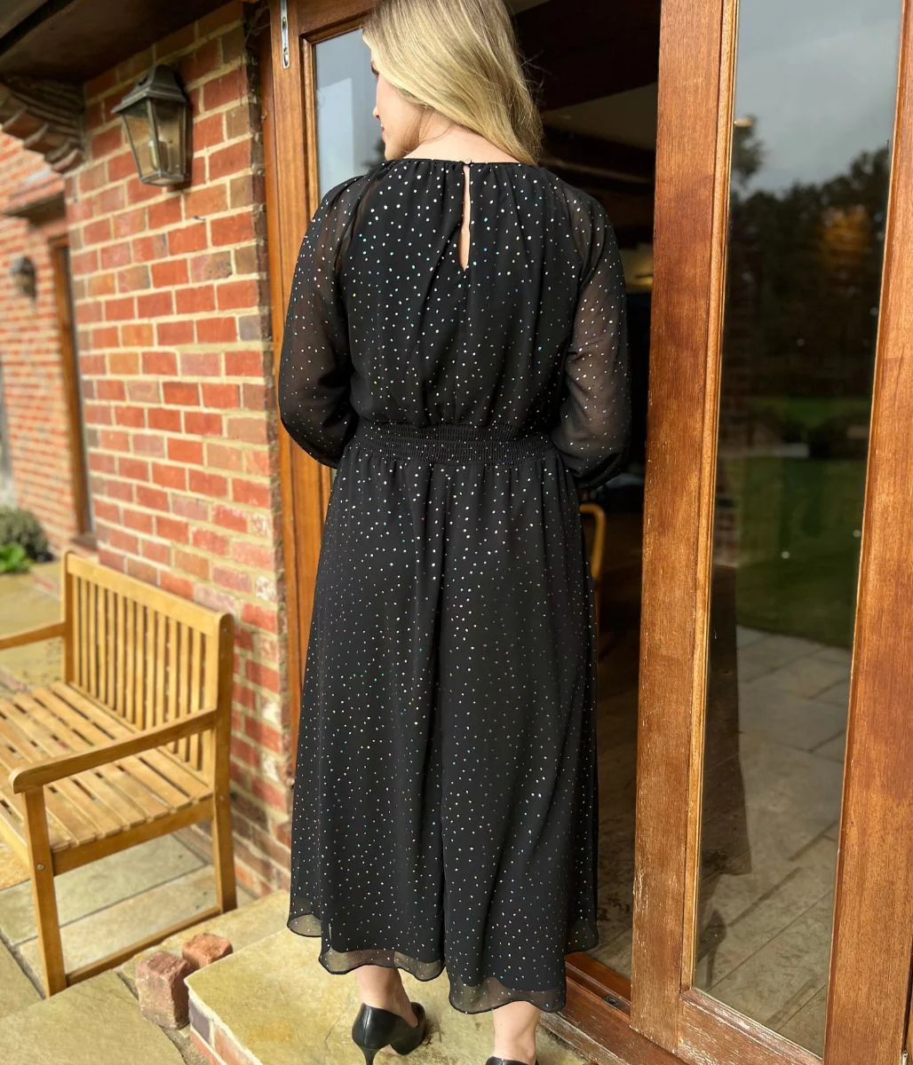 Black Sparkle Chiffon Split Sleeve Midi Dress - Image 8