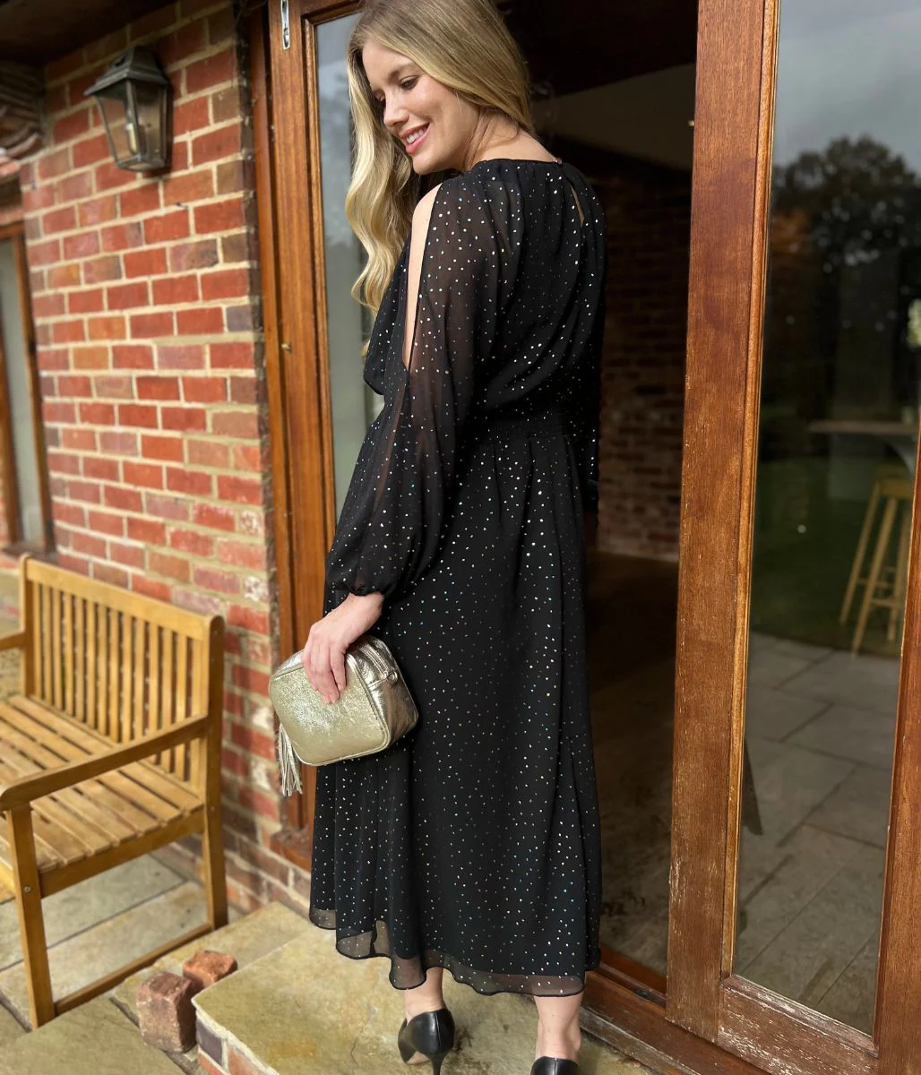 Black Sparkle Chiffon Split Sleeve Midi Dress - Image 9