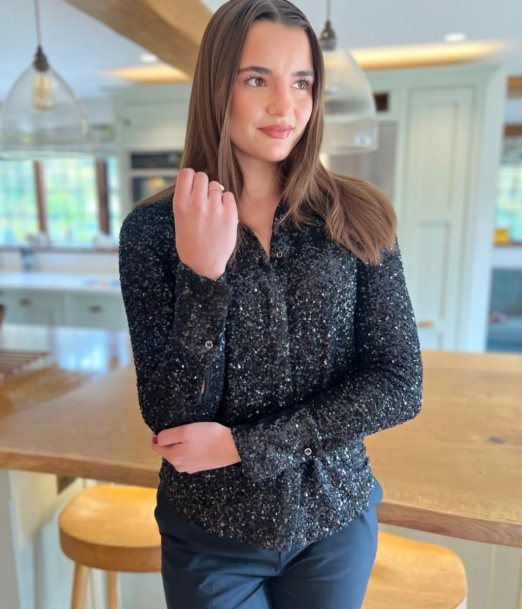 Black Stretch Sequin Long Sleeve Shirt - Image 2