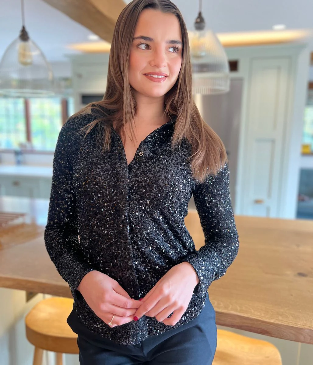 Black Stretch Sequin Long Sleeve Shirt - Image 3