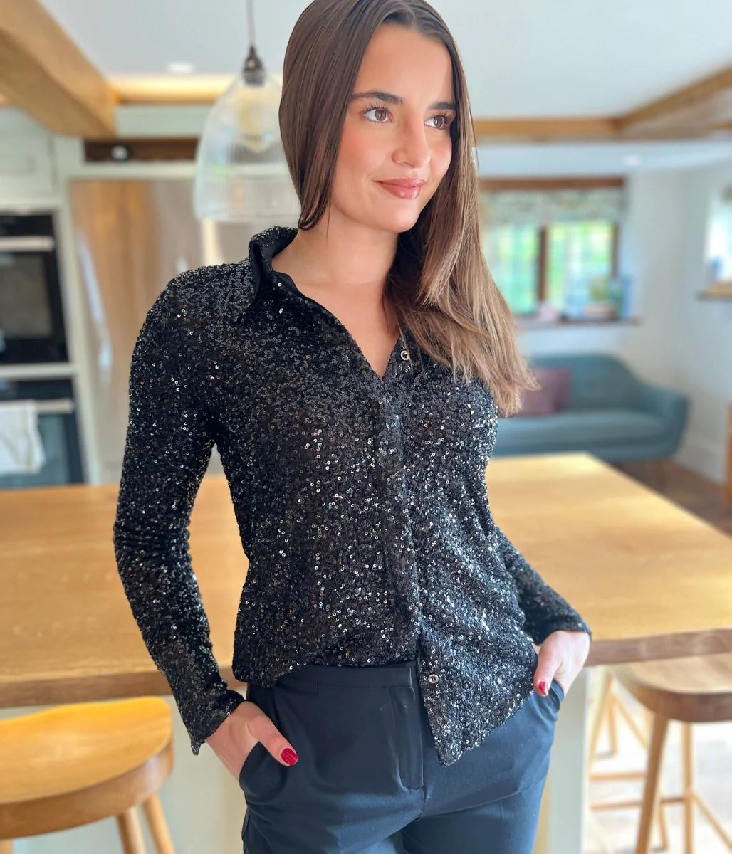 Black Stretch Sequin Long Sleeve Shirt - Image 5