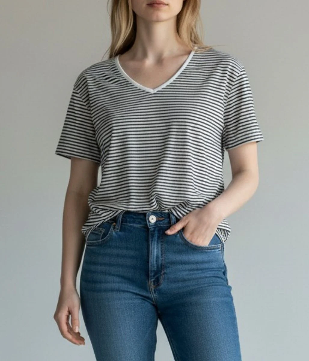 Black Striped Linen Blend V Neck T Shirt - Image 3