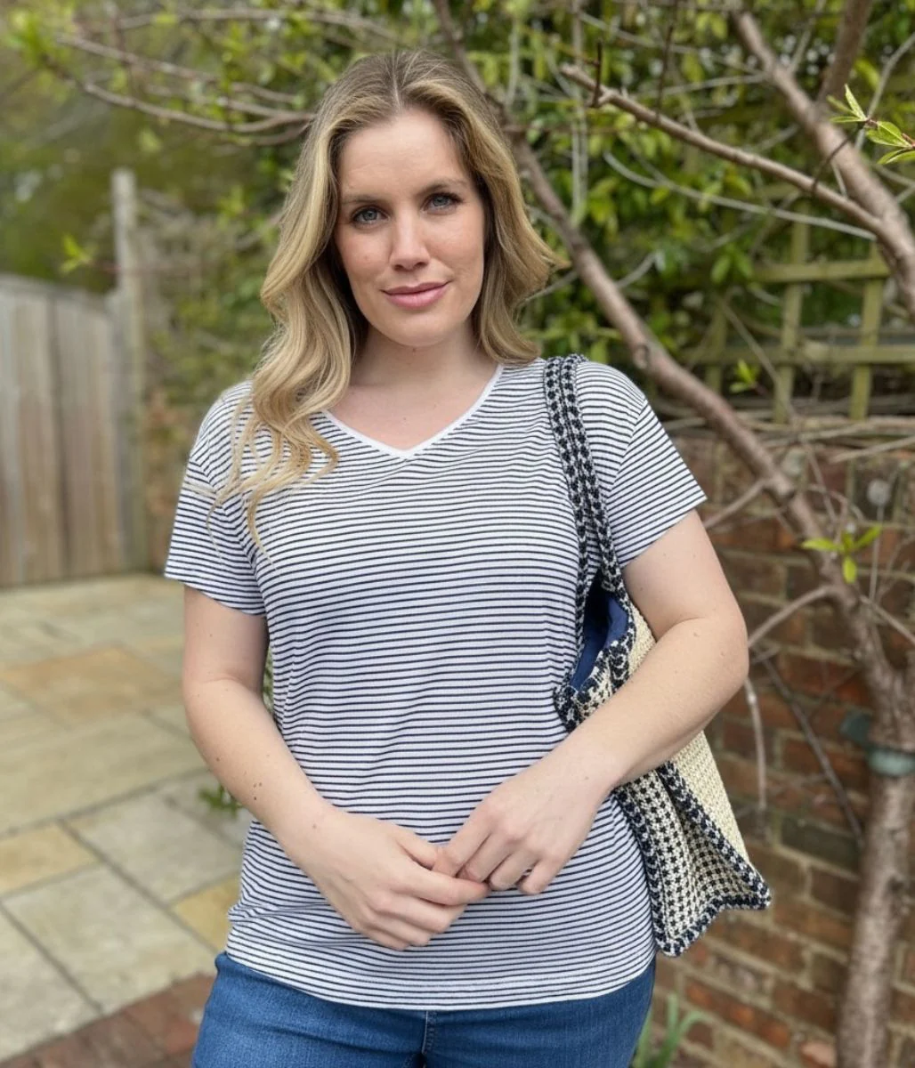 Black Striped Linen Blend V Neck T Shirt - Image 4