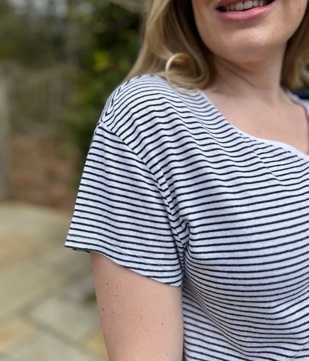 Black Striped Linen Blend V Neck T Shirt - Image 5