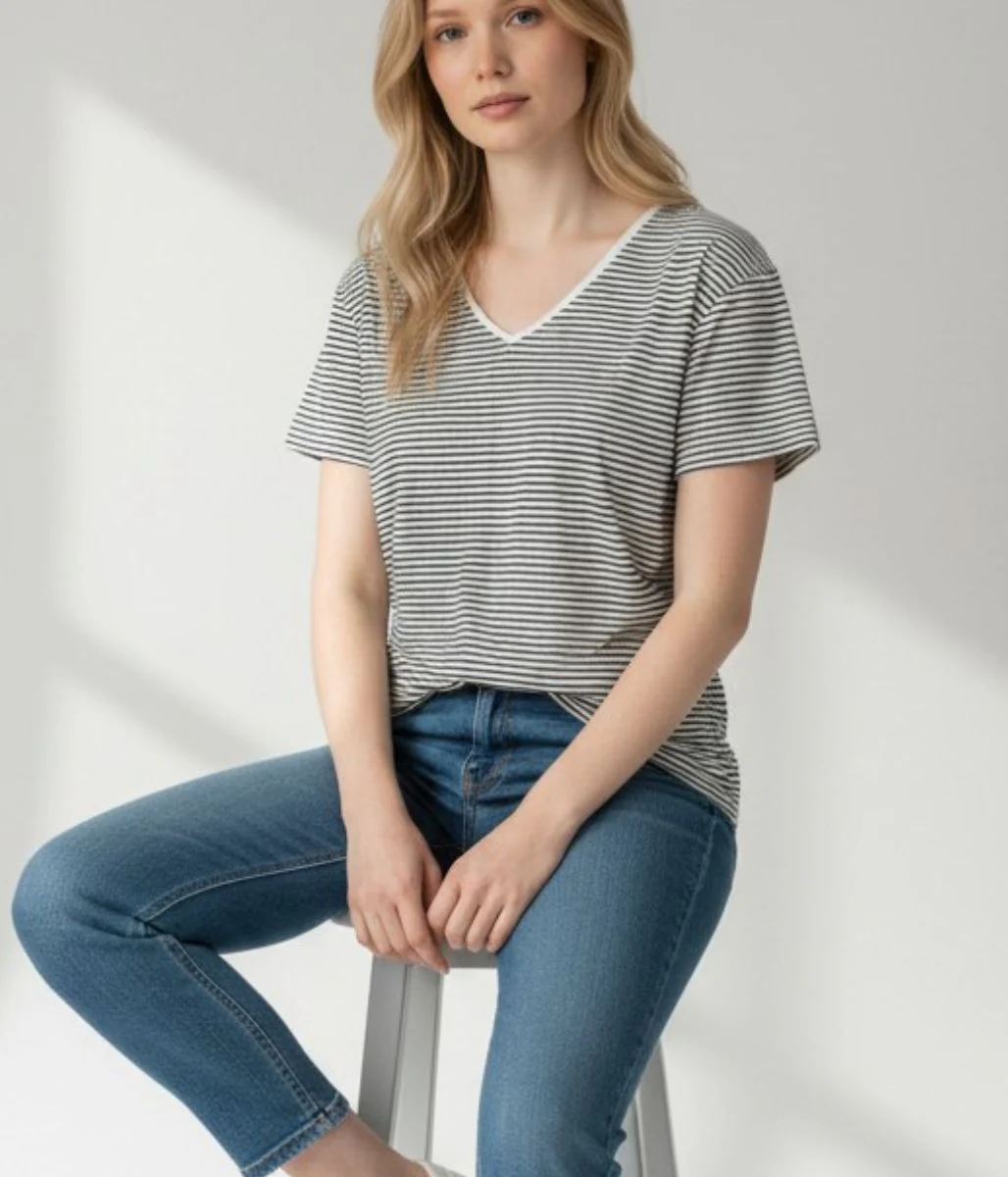 Black Striped Linen Blend V Neck T Shirt - Image 7