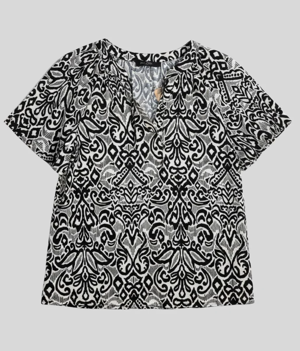 Black Tie Neck Printed Short Sleeve Top - Image 4
