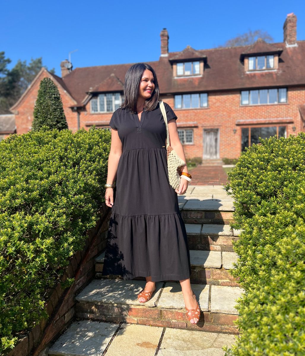 Black Tiered Premium Notch Neck Jersey Dress