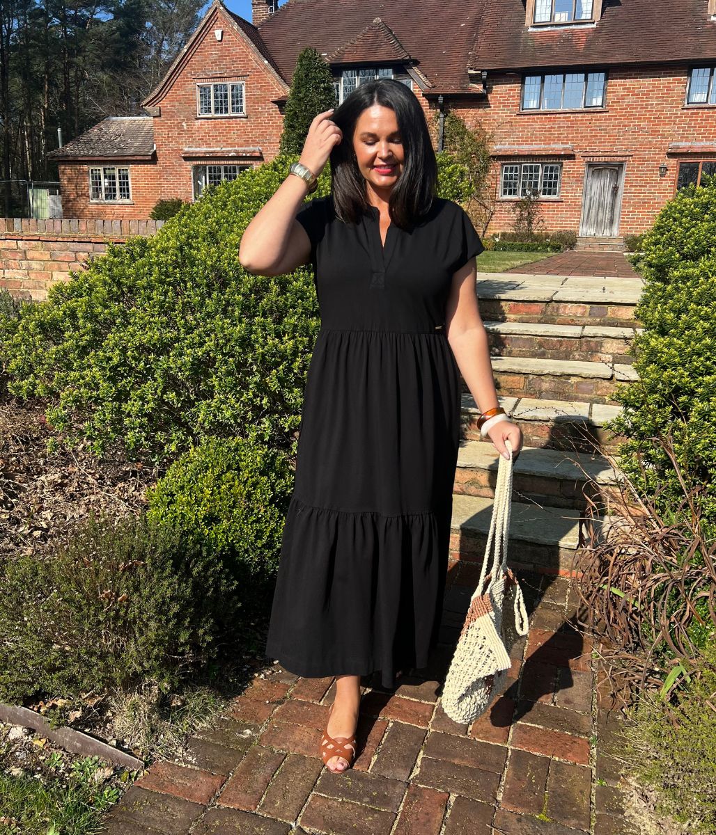 Black Tiered Premium Notch Neck Jersey Dress - Image 2