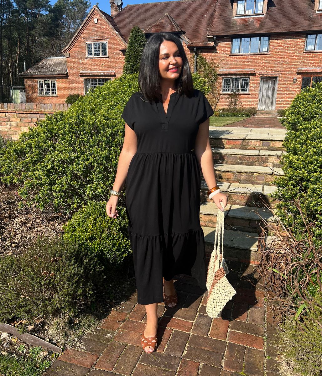 Black Tiered Premium Notch Neck Jersey Dress - Image 3