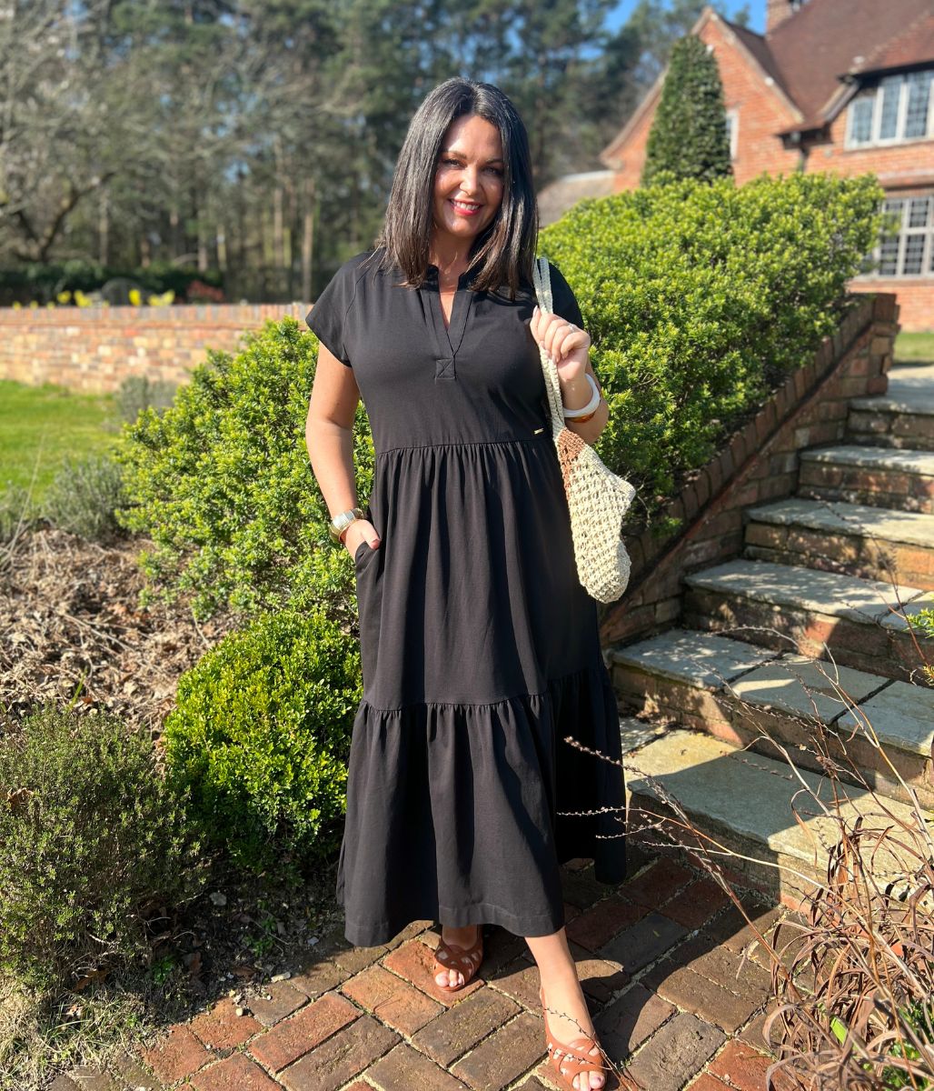 Black Tiered Premium Notch Neck Jersey Dress - Image 6