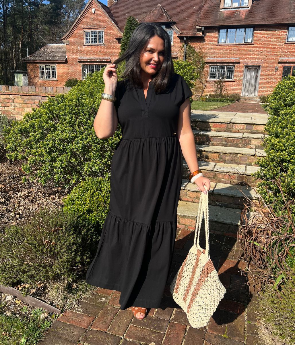 Black Tiered Premium Notch Neck Jersey Dress - Image 7