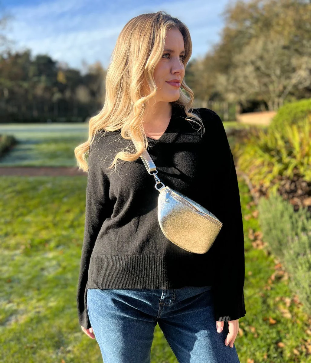 Black V Neck Fine Merino Wool Jumper