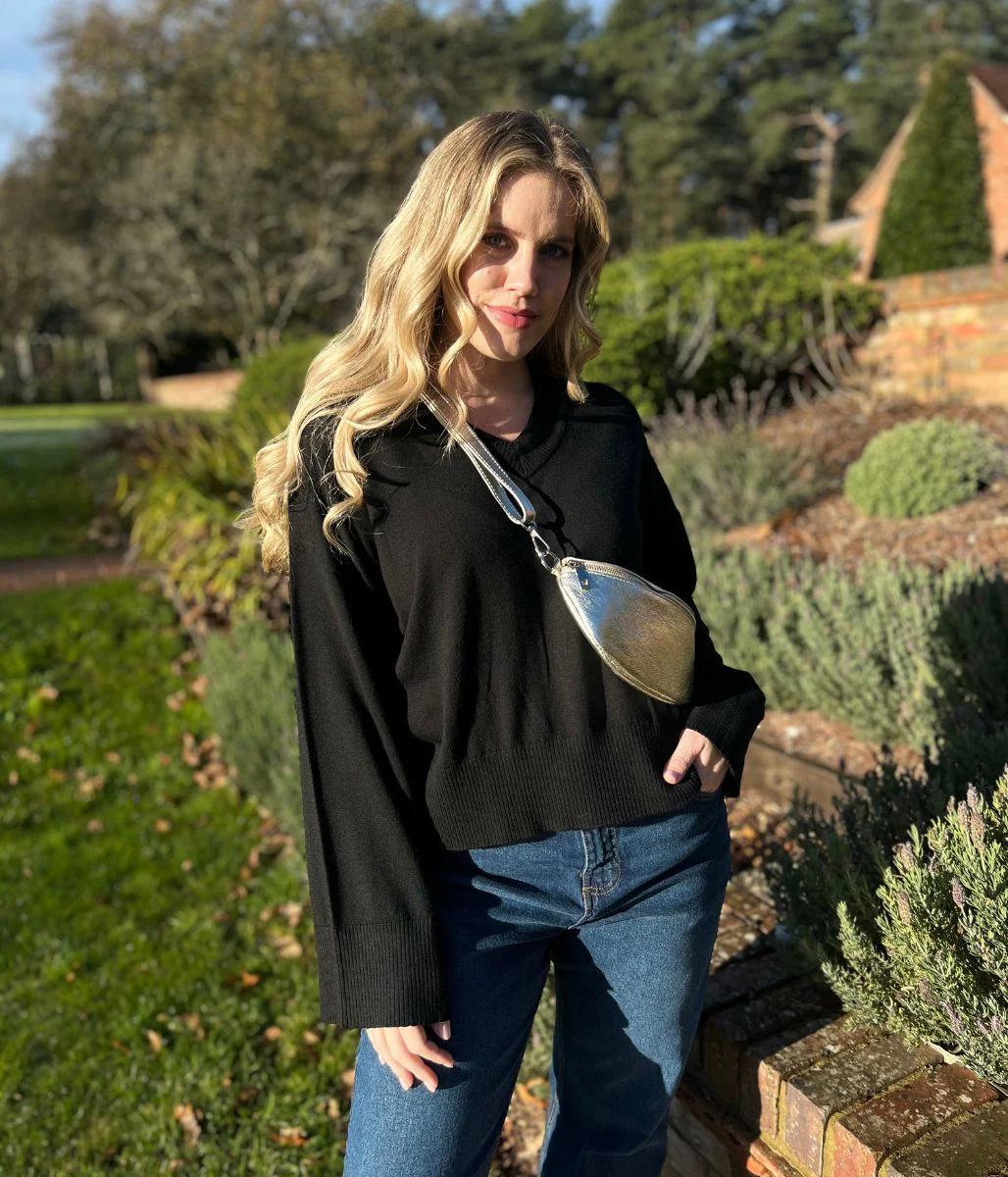 Black V Neck Fine Merino Wool Jumper - Image 2