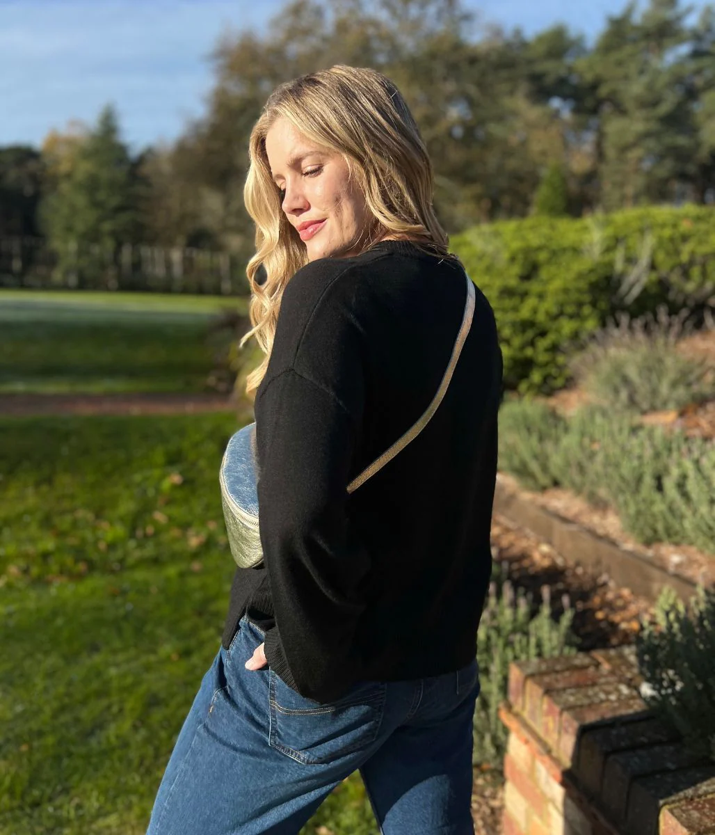 Black V Neck Fine Merino Wool Jumper - Image 3