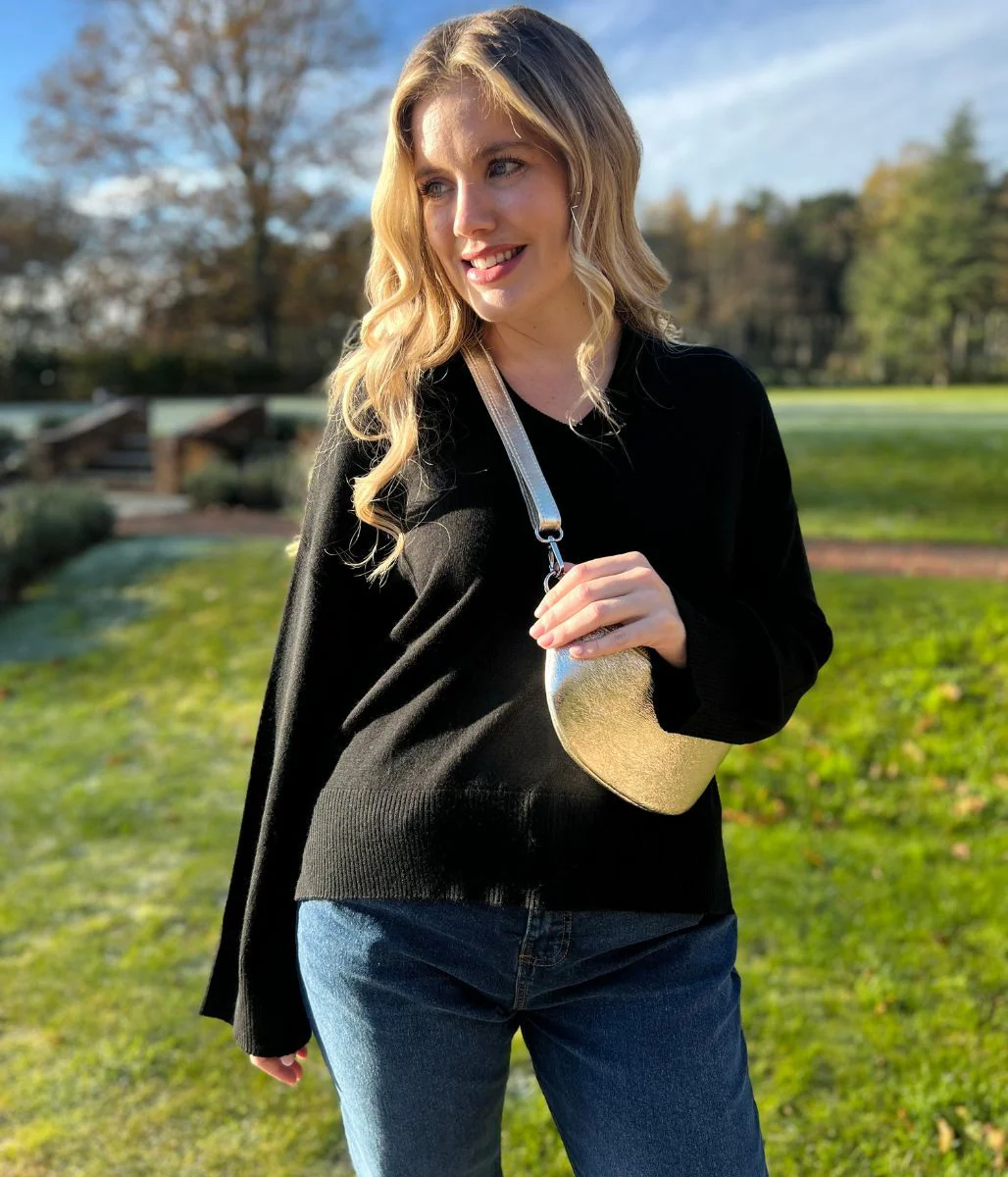 Black V Neck Fine Merino Wool Jumper - Image 8