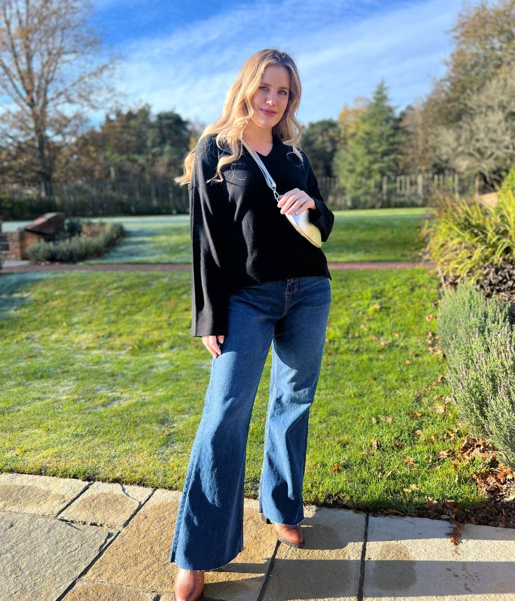 Black V Neck Fine Merino Wool Jumper - Image 9