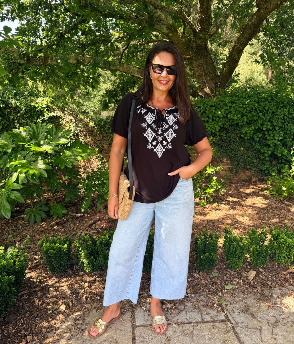 Black & White Embroidered Tassel Tie Top - Image 2
