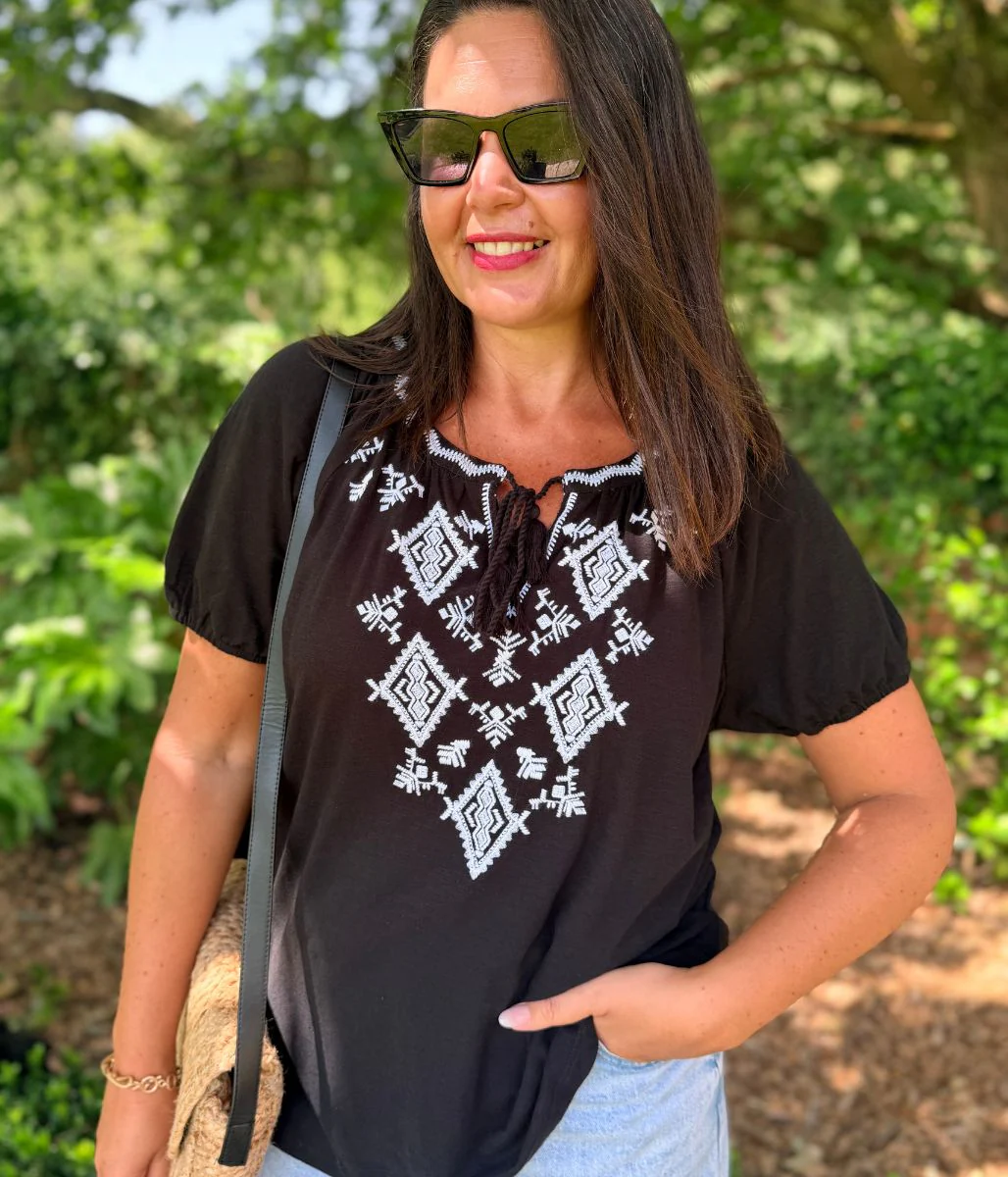 Black & White Embroidered Tassel Tie Top - Image 3