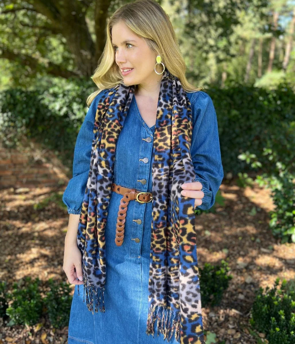 Blue Animal Print Tasselled Scarf - Image 11