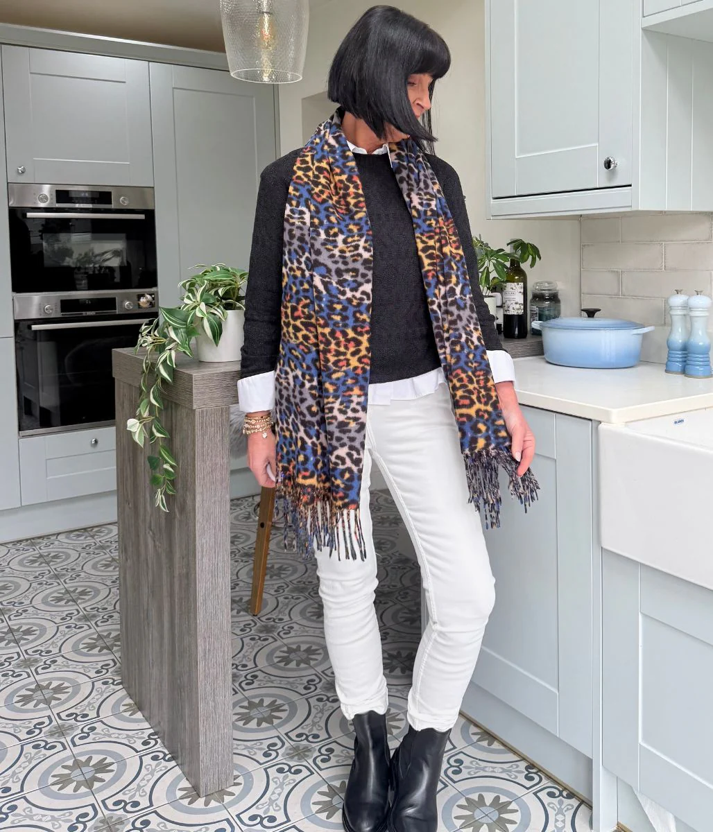 Blue Animal Print Tasselled Scarf - Image 4