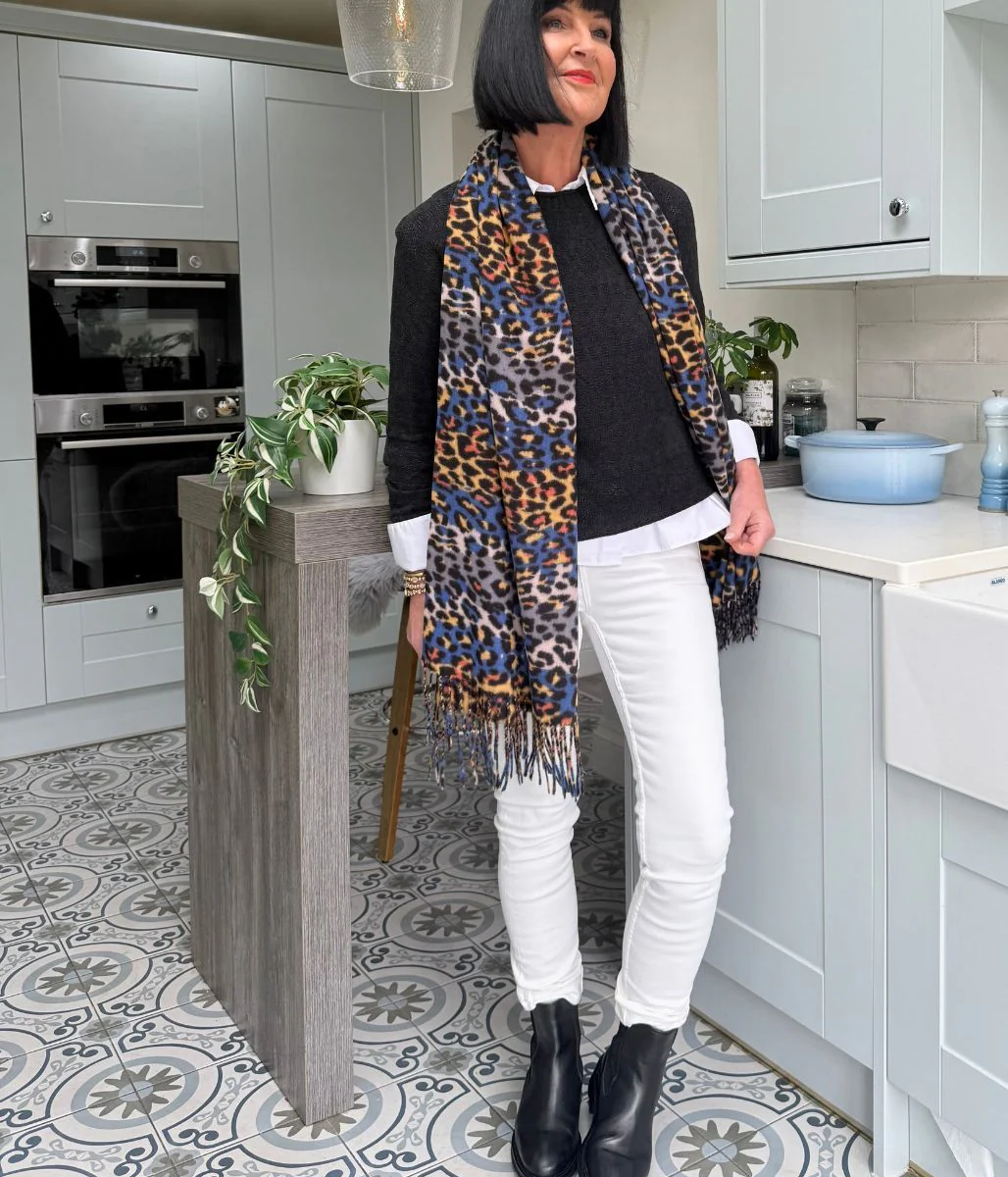 Blue Animal Print Tasselled Scarf - Image 5