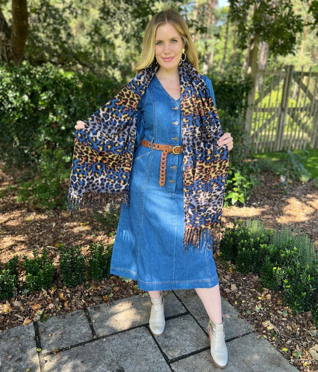 Blue Animal Print Tasselled Scarf - Image 6