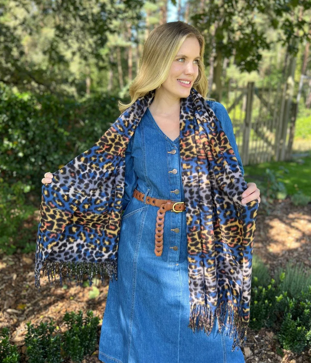Blue Animal Print Tasselled Scarf - Image 8