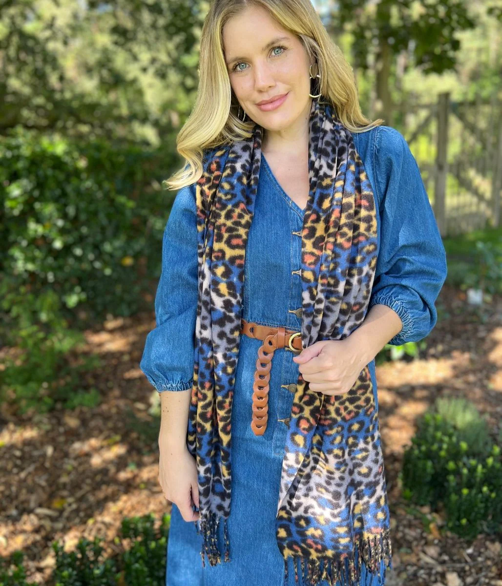 Blue Animal Print Tasselled Scarf - Image 9