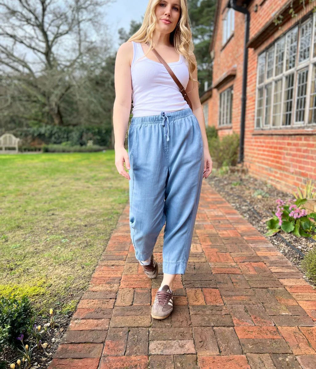 Blue Cropped Barrel Tencel Trousers - Image 5