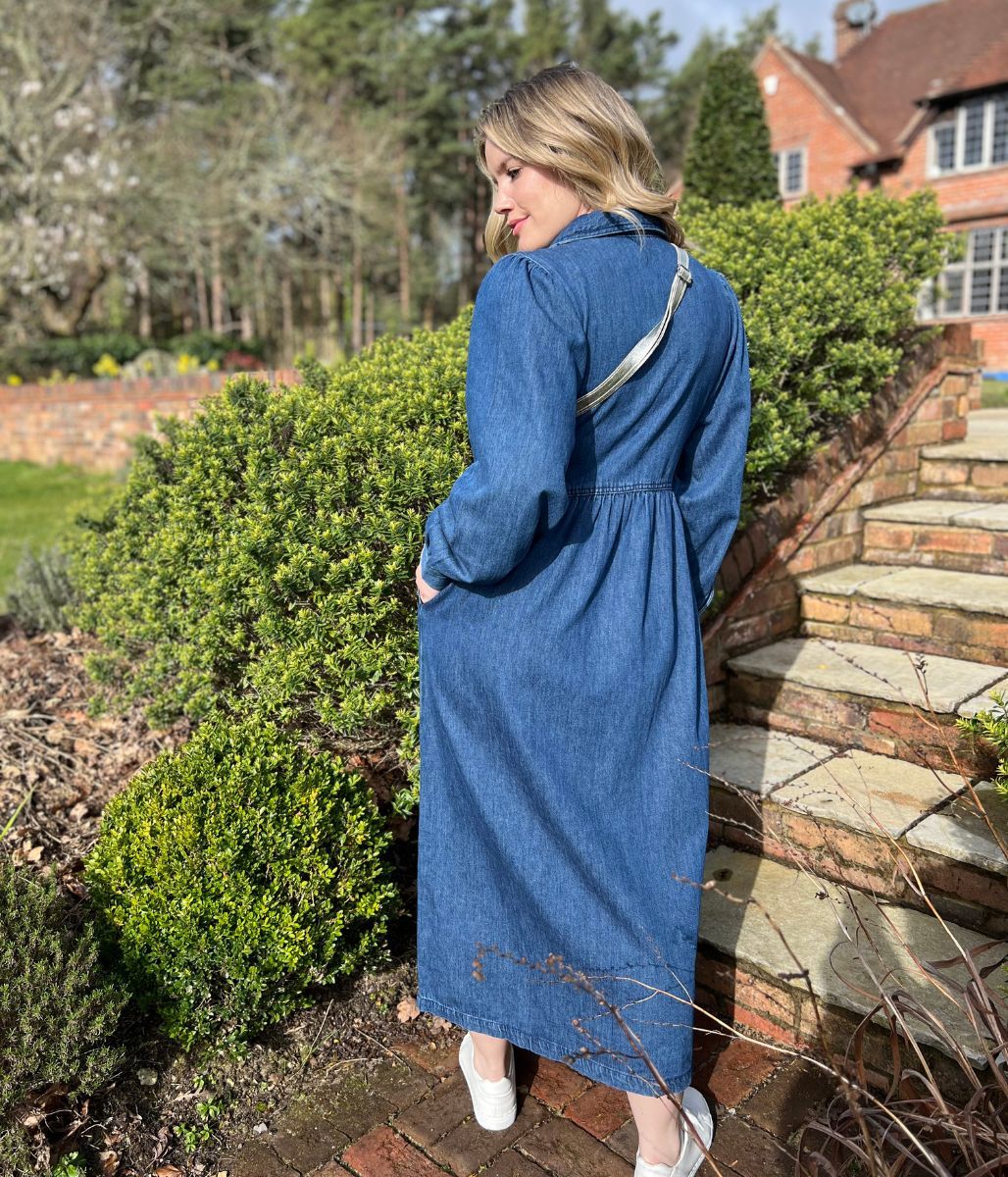 Blue Denim Long Sleeve Zip Front Midi Dress - Image 3