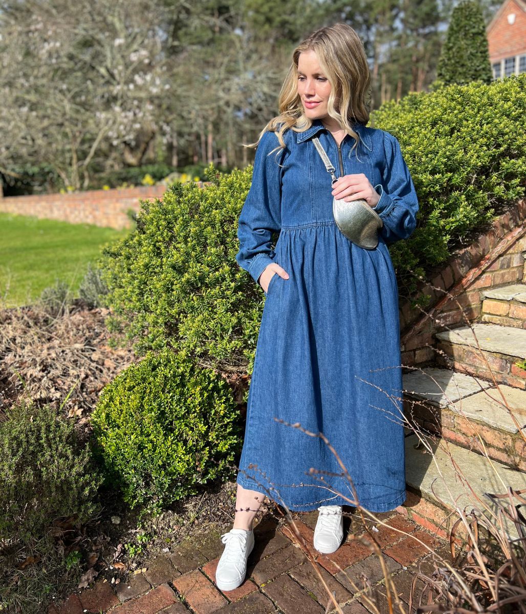Blue Denim Long Sleeve Zip Front Midi Dress - Image 4