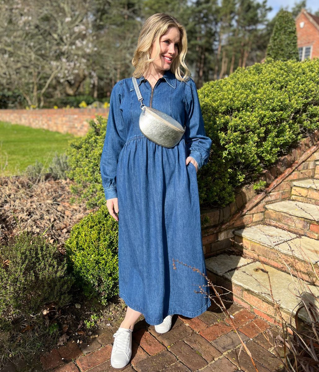 Blue Denim Long Sleeve Zip Front Midi Dress - Image 5