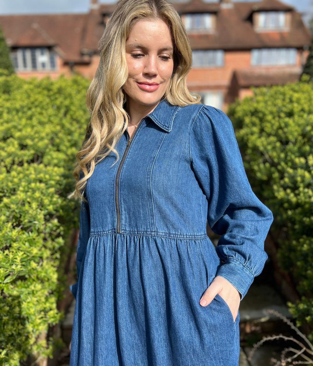 Blue Denim Long Sleeve Zip Front Midi Dress - Image 6