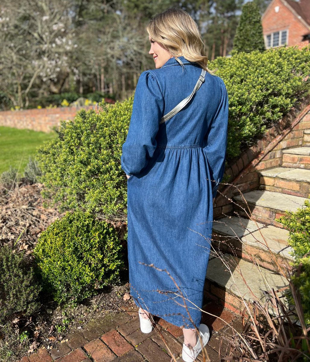 Blue Denim Long Sleeve Zip Front Midi Dress - Image 8