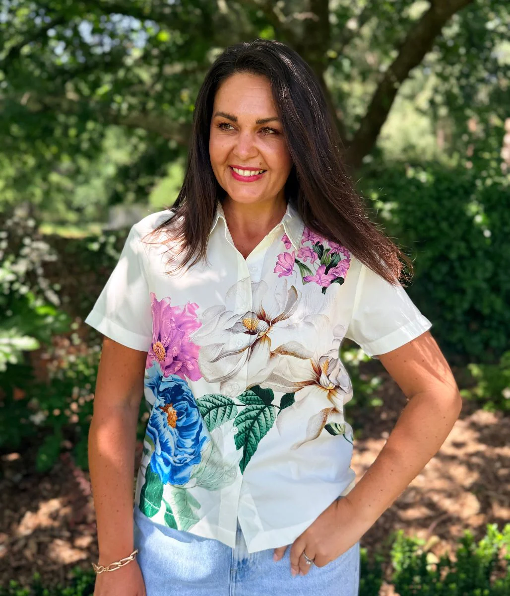 Blue Floral Short Sleeve Silky Shirt - Image 2