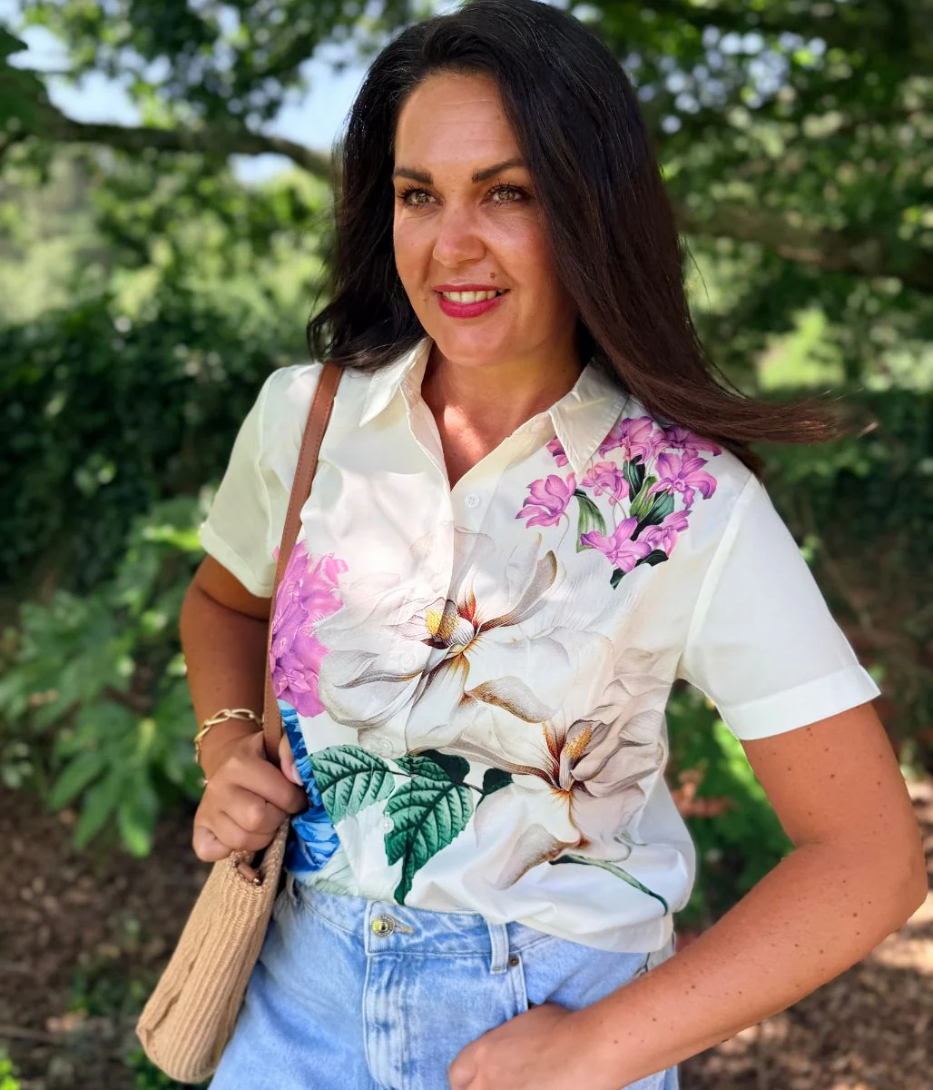 Blue Floral Short Sleeve Silky Shirt - Image 3