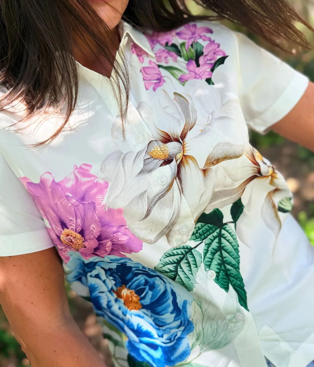 Blue Floral Short Sleeve Silky Shirt - Image 4